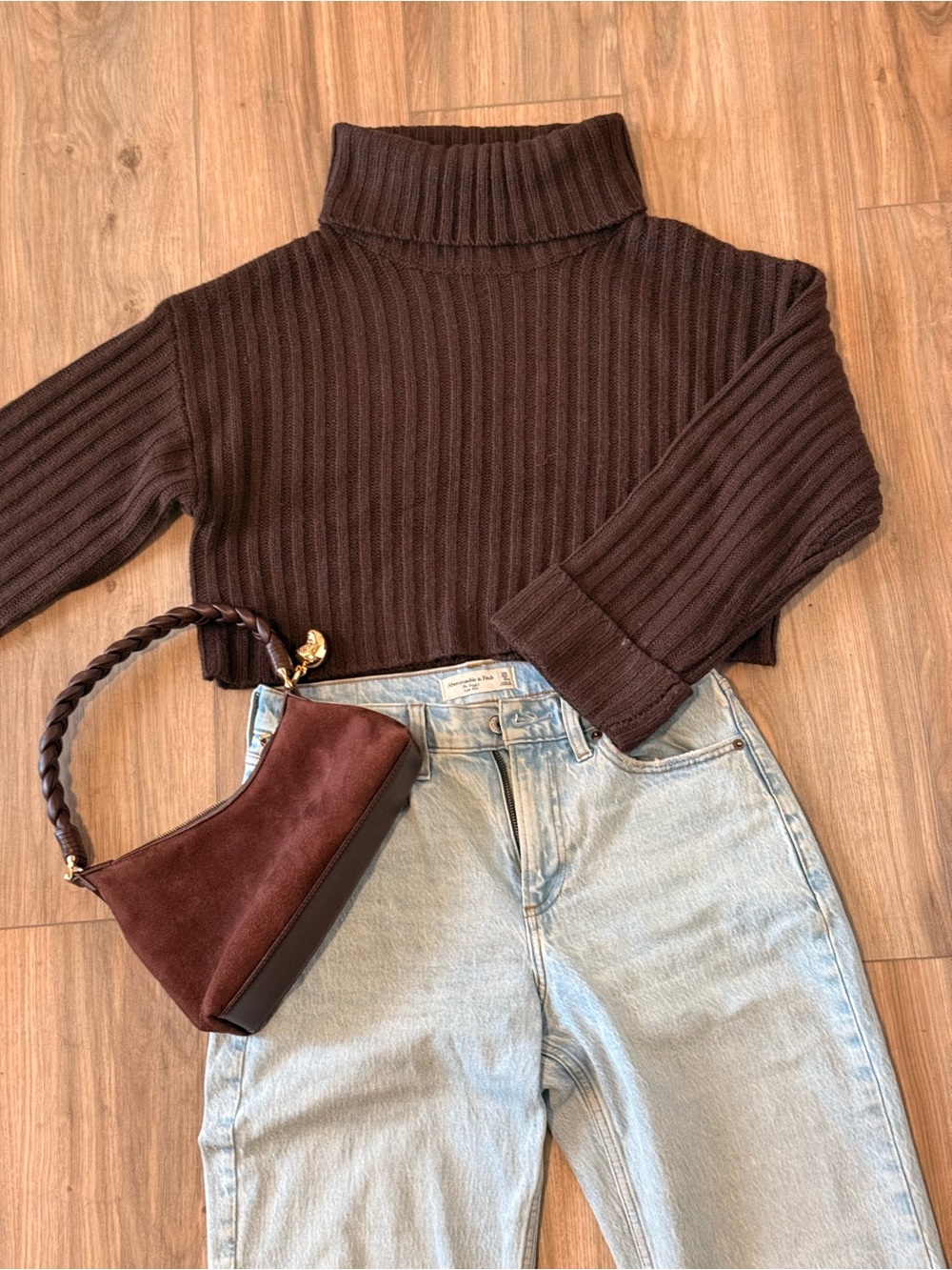 Cropped Ribbed Turtleneck Sweater - Chocolate Brown